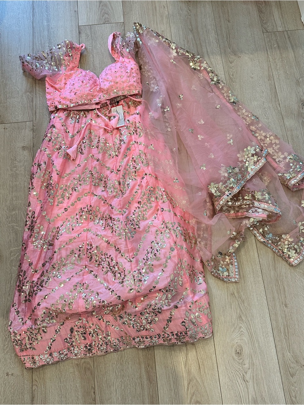 Pink Sequin with gold womens lengha